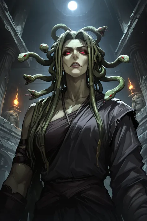 A mythological creature, a mythological Medusa, with snakes for hair and luminous red eyes, the strong body of an adult woman, snake hair, scaly and greenish skin, stands in an ancient Greek temple with ruined stone statues, a sarcastic expression on her f...