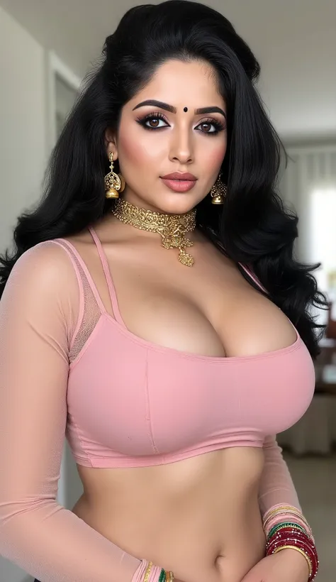 Angelawhite in a punk gothic rider style ((Bimbo)) black hair A 30-year-old busty Indian woman stands confidently, her wavy hair styled in an elegant updo, and a closed lips,directed toward the viewer. She is wearing a  light pink  Flux Croptop top with  S...