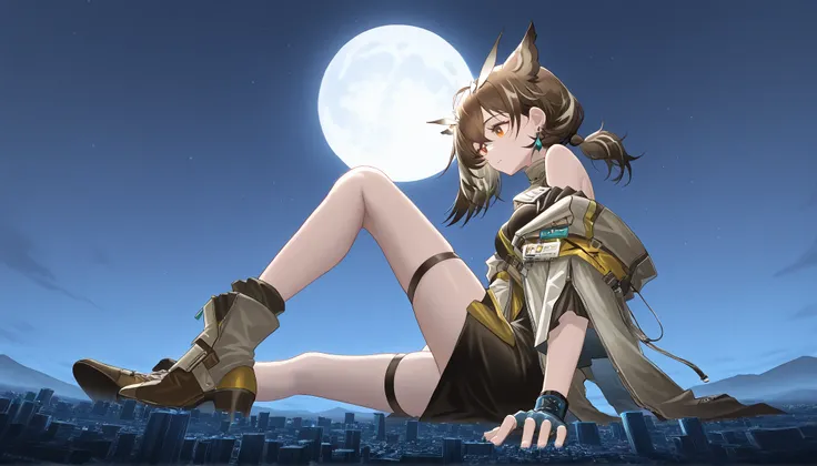 (1girl: 1.1), (skinny), (sky background: 1.1), (macro size: 1.5), silence_the_paradigmatic_\(arknights\), orange eyes, brown hair, feather hair, owl ears, earrings, fingerless glove, thigh strap, off shoulder, black dress, jacket, id card, boots, below vie...