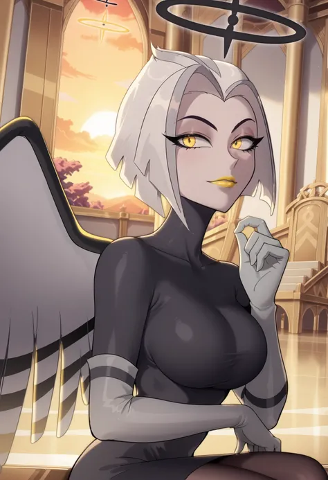 Woman, anime style, large breasts, yellow lipstick, white skin, yellow eyes, white hair, focus on the character, looking at the viewer, angel wings, solo, sitting on a golden throne, side view, illuminated room, white room, golden sky, yellowish sky, gray ...