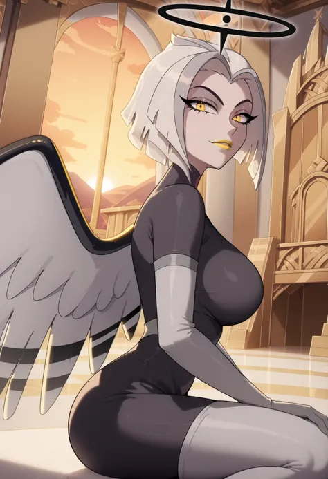 Woman, anime style, large breasts, yellow lipstick, white skin, yellow eyes, white hair, focus on the character, looking at the viewer, angel wings, solo, sitting on a golden throne, side view, illuminated room, white room, golden sky, yellowish sky, gray ...