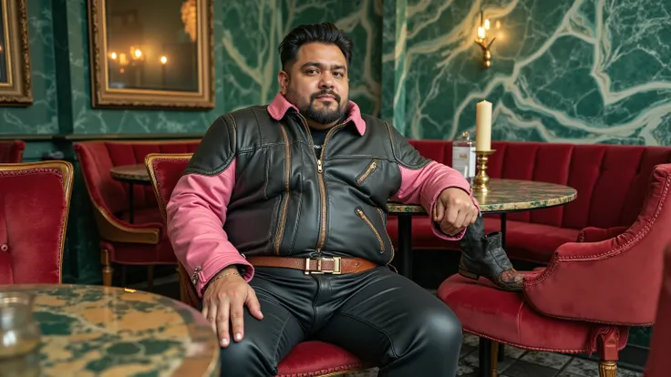 full body wide angle image of a fat 400 pound obese asian man wearing a two colored black and pink cafe racer jkt vintage leather from 1960 with extensive wear, sitting in a high end futuristic restaurant decorated with green emerald and onyx, wearing blac...
