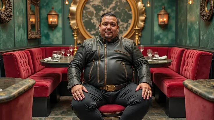 full body wide angle image of a fat 400 pound obese asian man wearing a two colored black and pink cafe racer jkt vintage leather from 1960 with extensive wear, sitting in a high end futuristic restaurant decorated with green emerald and onyx, wearing blac...