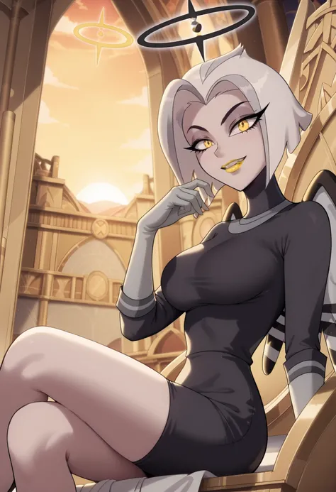 Woman, anime style, large breasts, yellow lipstick, white skin, yellow eyes, white hair, focus on the character, looking at the viewer, angel wings, solo, sitting on a golden throne, side view, illuminated room, white room, golden sky, yellowish sky, gray ...