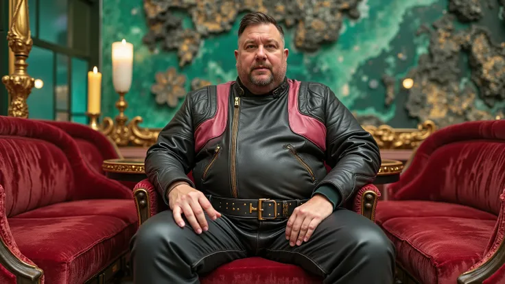 full body wide angle image of a fat 400 pound obese asian man wearing a two colored black and pink cafe racer jkt vintage leather from 1960 with extensive wear, sitting in a high end futuristic restaurant decorated with green emerald and onyx, wearing blac...