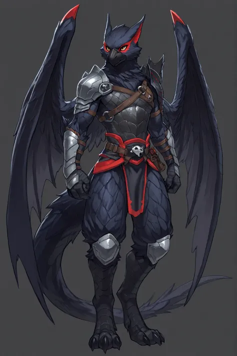 nargacuga, anthro raven, male, avian, raven wings, avian legs, lean physique, thin, one iron shoulder armor, light armor leather armor, adventurer outfit, highly detailed, best quality, fullbody art, gray background