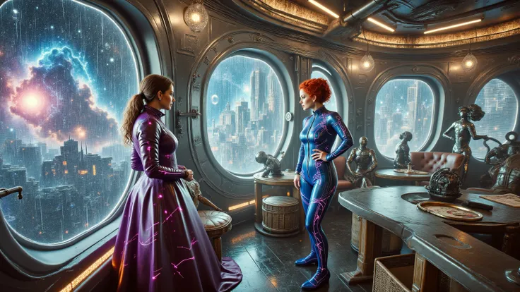 cyberpunknoirlora,a cinematic shot of two women aboard a luxury interstellar cruiser, one curvaceous woman in her 50s wearing an elegant violet and silver neo-Victorian leather gown with intricate lace details, standing beside a slender woman in her 30s wi...