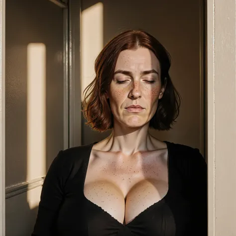 Margaret is making a confession inside a roman catholic confessional booth. dim lighting with some cone of light falling on her face. shadows. black outfit. highly detailed. large breasts and voluptuous figure. dynamic camera angle