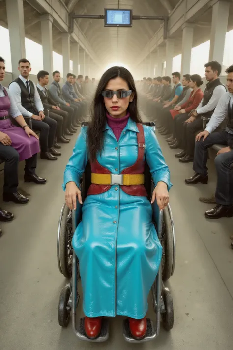a wide angle portrait taken at sunrise in a futuristic cities train station lobby near the ticketing desks, men and women wearing formal leather vests and pants work at the station, a woman in a wheelchair wearing a bright turquoise and violet trenchcoat p...