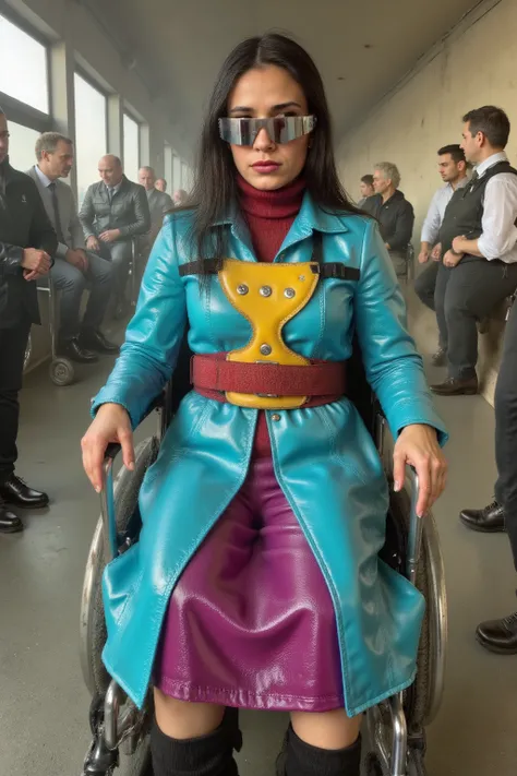 a wide angle portrait taken at sunrise in a futuristic cities train station lobby near the ticketing desks, men and women wearing formal leather vests and pants work at the station, a woman in a wheelchair wearing a bright turquoise and violet trenchcoat p...