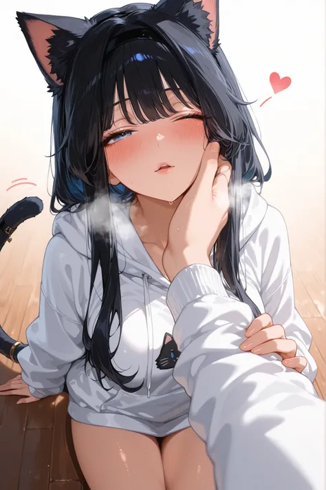 Kaoruko Waguri, black hair, long hair, blue eyes,black hairband, 1girl,White Hoodie ,fluffy cat hoodie with long sleeves and soft cat ears, tail design at the back of hoodie,loose hoodie reaching mid-thigh, bare smooth thighs visible, steam visible, overhe...