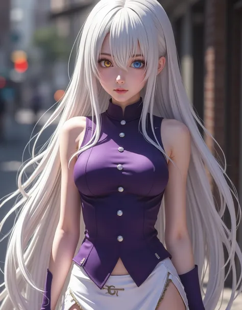 Elizabeth Liones (hyperrealistic) Nanatsu no taizai,white hair,ultra-detailed eyes with ((heterochromia)) yellow gold and blue,emphasized bust,His outfit is a tight sleeveless dark purple shirt with white buttons,wears aa corbata en forma de moño color ros...