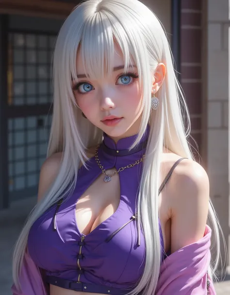 full-body portrait (hyperrealistic) by Elizabeth Liones Nanatsu no Taizai,white hair,ultra-detailed eyes with ((heterochromia)) yellow gold and blue,emphasized bust,su atuendo es una camisa sin mangas ajustada de color morado dark con botones en color blan...