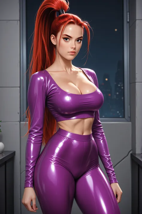 Perfect Face, Perfect Body, Red Hair, (Very Long Ponytail Hair), (Forehead), Red Thin Eyebrows, Black Eyes, Lips Without Makeup, Collarbone, Cleavage, (Large Breasts), (Small Waist, Normal Midriff), (Purple Latex Long Sleeves Crop Top), Navel, Standing, (T...