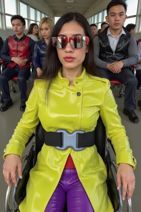 a wide angle portrait taken at sunrise in a futuristic cities train station lobby near the ticketing desks, men and women wearing formal leather vests and pants work at the station, a woman in a wheelchair wearing a bright neon yellow and purple striped tr...