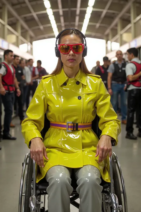 a wide angle portrait taken at sunrise in a futuristic cities train station lobby near the ticketing desks, men and women wearing formal leather vests and pants work at the station, a woman in a wheelchair wearing a bright neon yellow and purple striped tr...