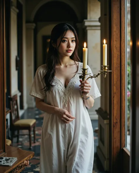 Power outage night in a grand palace corridor. A breathtakingly beautiful woman in a pure white one-piece pajama walks, holding a brass candelabrum with a single lit candle. Outside the tall windows: thunderstorm, lightning flashes, rain streaks. The corri...