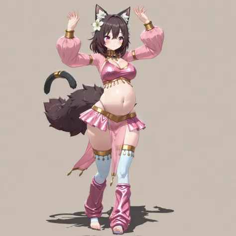 (1girl, solo, cat girl, fluffy tail, dark brown hair, medium hair, hair between eyes, hair flower, dark pink eyes, cleavage, midriff, navel, big belly, wide hips, harem outfit, long sleeves, sexy top, thong, mini skirt, pelvic curtain, thightlets, high thi...