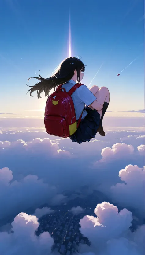 taken from above、High school girl、Flying like Superman、Flying at high speed through the stratosphere、action scene、Japanese high school girl uniform、High school girl carrying a flying backpack with、High above the clouds 、High school girl carrying a flying b...