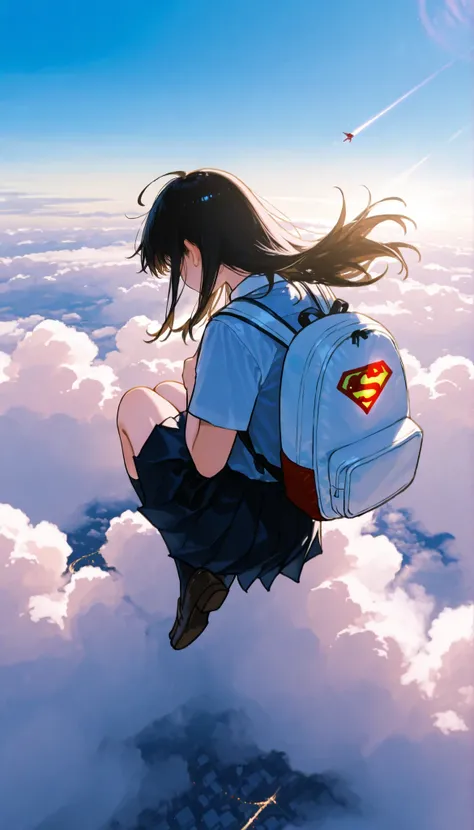 taken from above、High school girl、Flying like Superman、Flying at high speed through the stratosphere、action scene、Japanese high school girl uniform、High school girl carrying a flying backpack with、High above the clouds 、High school girl carrying a flying b...
