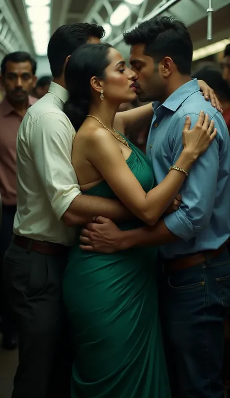 A full-body, side-view portrait on a packed Delhi Metro. A stunning, curvaceous Indian woman (44F-30-48) in a deep emerald sleeveless saree is locked in an intimate embrace. A man in a formal white shirt and dark trousers hugs her from the front, while ano...
