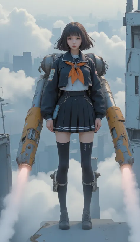 2large rocket engines while flying at high speed with a rocket engine、Flying like Superman、Flying at high speed through the stratosphere、action scene、Japanese high school girl uniform、High school girl carrying a flying backpack with、High above the clouds 、...