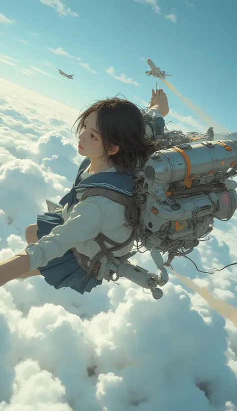 2high school girl carrying a flying backpack with large rocket engines、Flying like Superman、Flying at high speed through the stratosphere、action scene、Japanese high school girl uniform、High school girl carrying a flying backpack with、High above the clouds ...