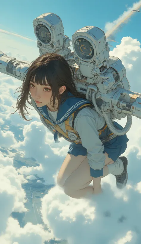 2large rocket engines while flying at high speed with a rocket engine、Flying like Superman、Flying at high speed through the stratosphere、action scene、Japanese high school girl uniform、High school girl carrying a flying backpack with、High above the clouds 、...