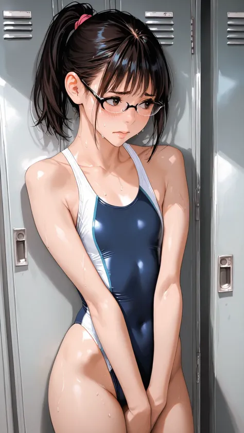 maori ricks, eclipsing, masterpiece, and high precision, high image quality, Sunf, solo, high school students, look away, boston glasses, Cowardly, anxiety, Puzzled, Honor student, ponytail, flat chest, , competitive swimsuit, is embarrassing, [Frightened,...