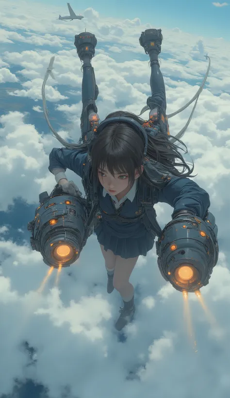 2large rocket engines while flying at high speed with a rocket engine、Flying like Superman、Flying at high speed through the stratosphere、action scene、Japanese high school girl uniform、High school girl carrying a flying backpack with、High above the clouds 、...