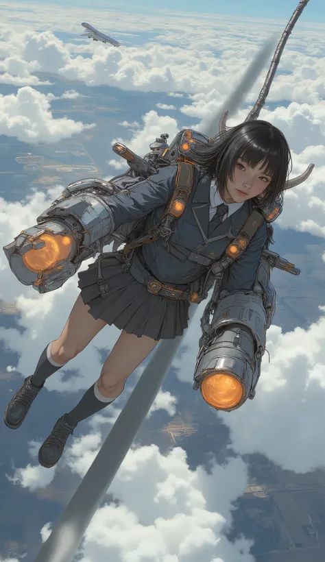 2large rocket engines while flying at high speed with a rocket engine、Flying like Superman、Flying at high speed through the stratosphere、action scene、Japanese high school girl uniform、High school girl carrying a flying backpack with、High above the clouds 、...