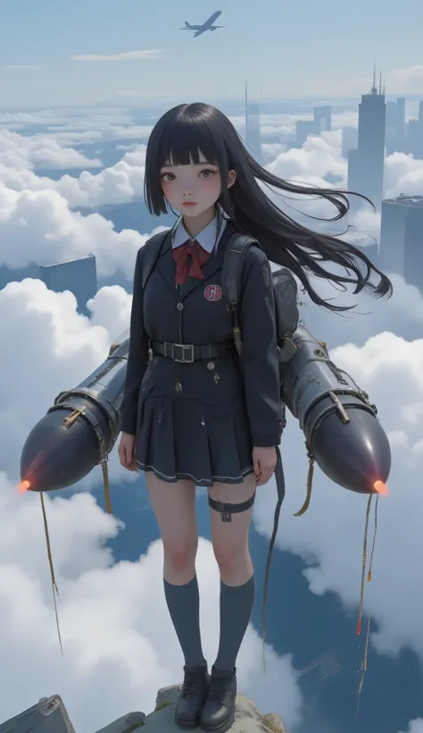 2large rocket engines while flying at high speed with a rocket engine、Flying like Superman、Flying at high speed through the stratosphere、action scene、Japanese high school girl uniform、High school girl carrying a flying backpack with、High above the clouds 、...