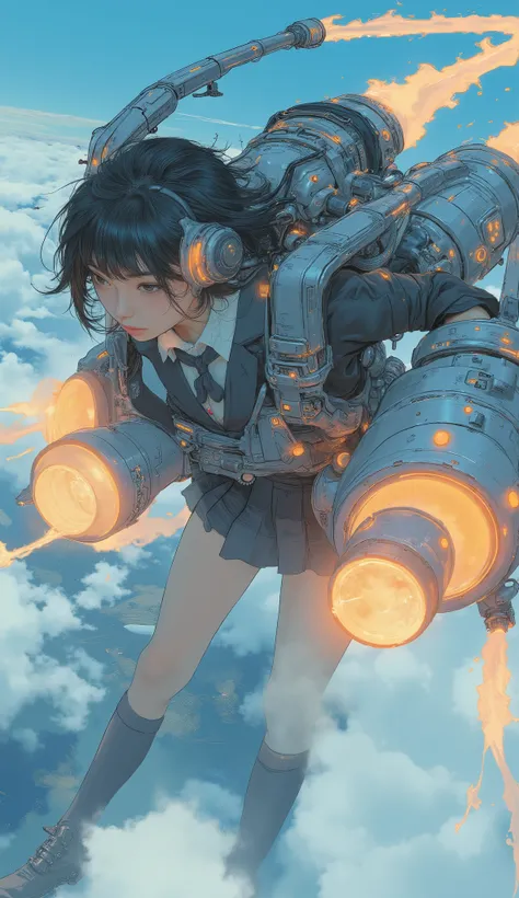2high school girl carrying a flying backpack with large rocket engines、Flying like Superman、Flying at high speed through the stratosphere、action scene、Japanese high school girl uniform、High school girl carrying a flying backpack with、High above the clouds ...