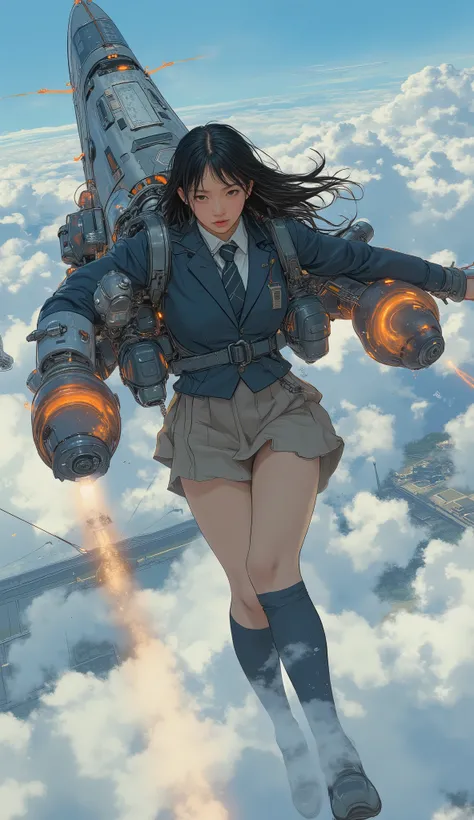 2high school girl carrying a flying backpack with large rocket engines、Flying like Superman、Flying at high speed through the stratosphere、action scene、Japanese high school girl uniform、High school girl carrying a flying backpack with、High above the clouds ...