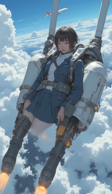 2high school girl carrying a flying backpack with large rocket engines、Flying like Superman、Flying at high speed through the stratosphere、action scene、Japanese high school girl uniform、High school girl carrying a flying backpack with、High above the clouds ...