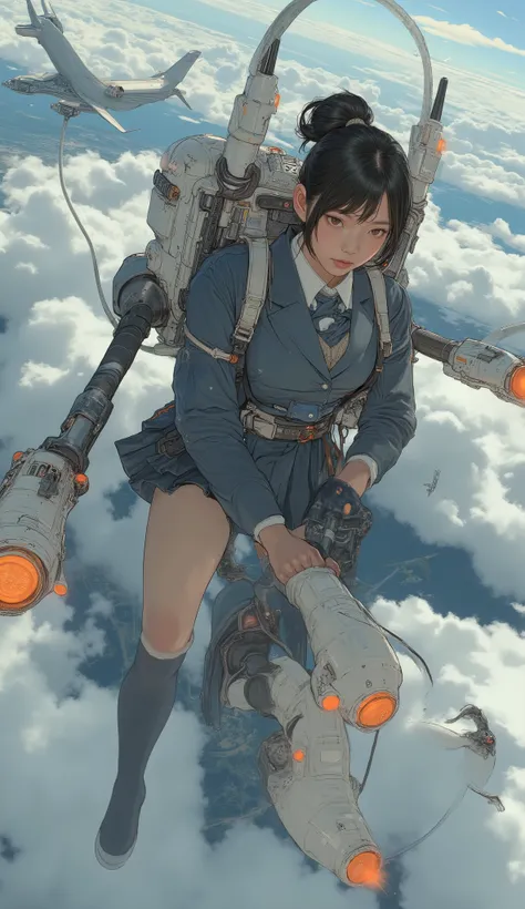 2high school girl carrying a flying backpack with large rocket engines、Flying like Superman、Flying at high speed through the stratosphere、action scene、Japanese high school girl uniform、High school girl carrying a flying backpack with、High above the clouds ...