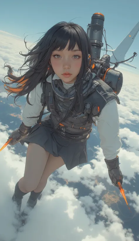 2high school girl carrying a flying backpack with large rocket engines、Flying like Superman、Flying at high speed through the stratosphere、action scene、Japanese high school girl uniform、High school girl carrying a flying backpack with、High above the clouds ...