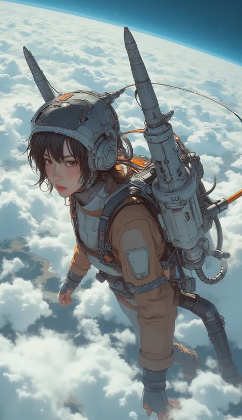 2large rocket engines while flying at high speed with a rocket engine、Flying like Superman、Flying at high speed through the stratosphere、action scene、Japanese high school girl uniform、High school girl carrying a flying backpack with、High above the clouds 、...