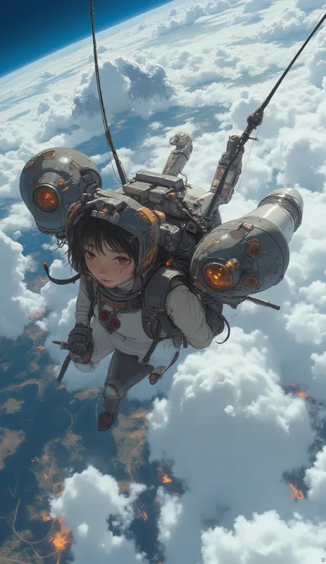 2large rocket engines while flying at high speed with a rocket engine、Flying like Superman、Flying at high speed through the stratosphere、action scene、Japanese high school girl uniform、High school girl carrying a flying backpack with、High above the clouds 、...