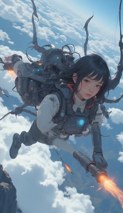 2large rocket engines while flying at high speed with a rocket engine、Flying like Superman、Flying at high speed through the stratosphere、action scene、Japanese high school girl uniform、High school girl carrying a flying backpack with、High above the clouds 、...