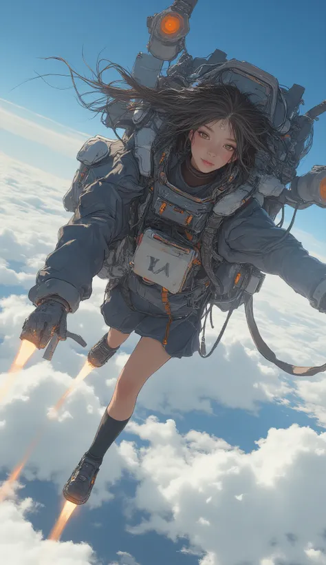 2high school girl carrying a flying backpack with large rocket engines、Flying like Superman、Flying at high speed through the stratosphere、action scene、Japanese high school girl uniform、High school girl carrying a flying backpack with、High above the clouds ...