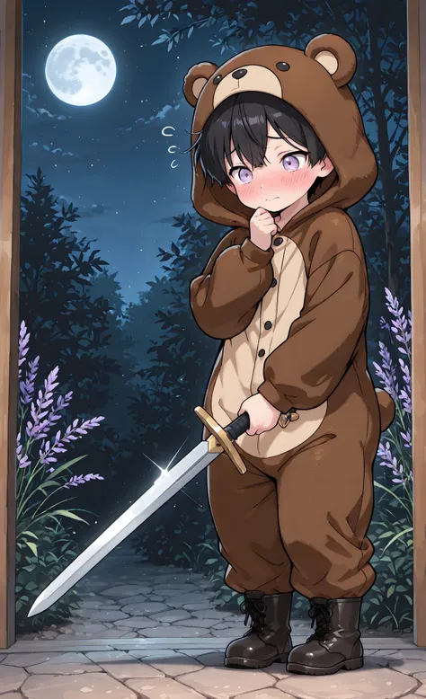 Kuma, masterpiece, best quality, ultra-detailed:1.3, chibi style, male, 1boy, solo, short black hair, lavender eyes, wearing brown bear onesie, bear hood, black boots, holding sword, standing under moon, blushing deeply, embarrassed expression, shy pose, n...