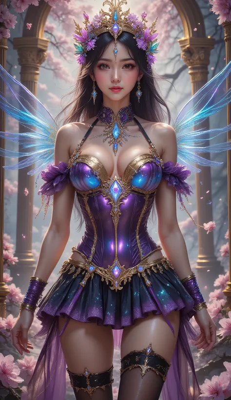 Taken from below, 4K, hyper-detail, hyper-texture of clothing, a 17-year-old young Asian girl with a cute face with a sweet appearance and white skin, a tall body, a slim and small belly, a wide waist, a shiny body, a shiny costume, long and sexy muscular ...