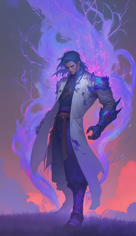 Masterpiece, high-resolution anime illustration, fantasy wuxia style. A handsome young man with a cool and aloof demeanor, exuding a powerful presence. He has a slender oval face, sharp jawline, long sharp eyebrows, and a calm, focused, intense gaze direct...