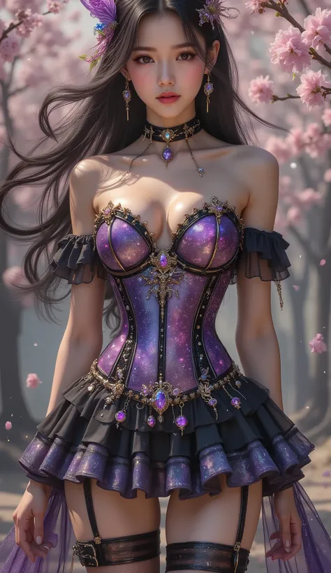 Taken from below, 4K, hyper-detail, hyper-texture of clothing, a 17-year-old young Asian girl with a cute face with a sweet appearance and white skin, a tall body, a slim and small belly, a wide waist, a shiny body, a shiny costume, long and sexy muscular ...