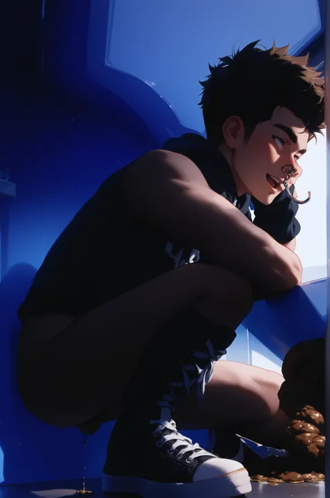  1 boy、show your butt、on all fours、Looking Back、skate park He wears black half-knee high converse-boots sneakers xhi:1.9, grey Vans hoodie, volume in your crotch、Ahe face、nose hook、defecation、((( Poop ,, with poop))), . he too lazy to use bathroom, 