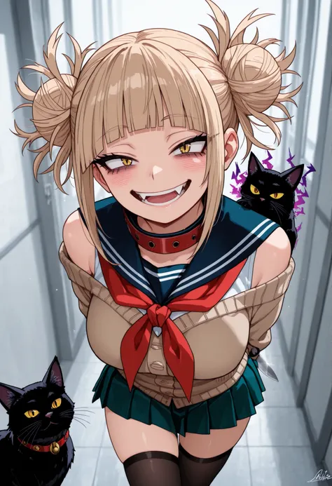 masterpiece, high quality, best quality, Toga Himiko from My Hero Academia, intense yellow eyes with distinctive slit pupils like a cat, noticeable dark bags under eyes giving unhinged appearance, blonde messy hair with prominent sidelocks framing face, pe...