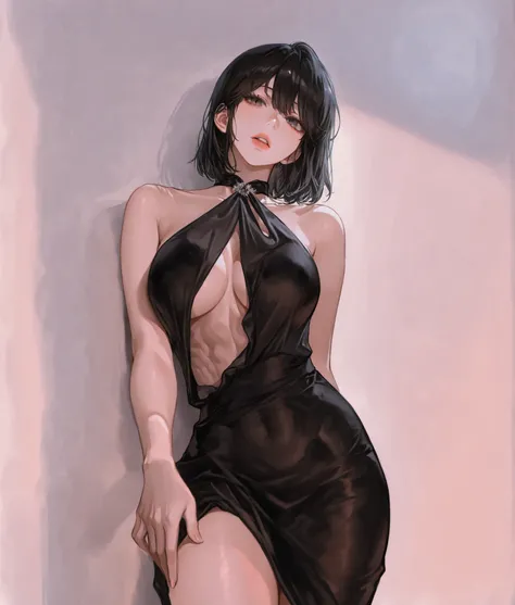 ((masterpiece)), Alone, beautiful adult woman, Han Sooyoung, bare abs, full black dress, ,half of the exposed thighs, prominent neckline, short hair, black hair, gray eyes, sensual pose, neckline towards the front, leaning towarDs the camera, white backgro...