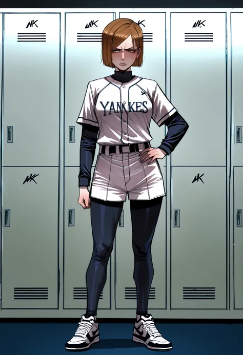 Full view of Nobara, 1 girl, Nobara Kugisaki, brown hair, baseball team uniform, white uniform, white New York Yankees button shirt, black long sleeve tee beneath baseball shirt, belt, baseball uniform shorts, white shorts, black leggings beneath, Nike Sho...