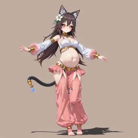 (1girl, solo, cat girl, dark brown hair, long hair, hair between eyes, hair flower, orange eyes, dark sclera, cleavage, medium breasts, midriff, navel, big belly, wide hips, harem genie outfit, long sleeves, sexy top, tiny panties, pelvic curtain, mini ski...